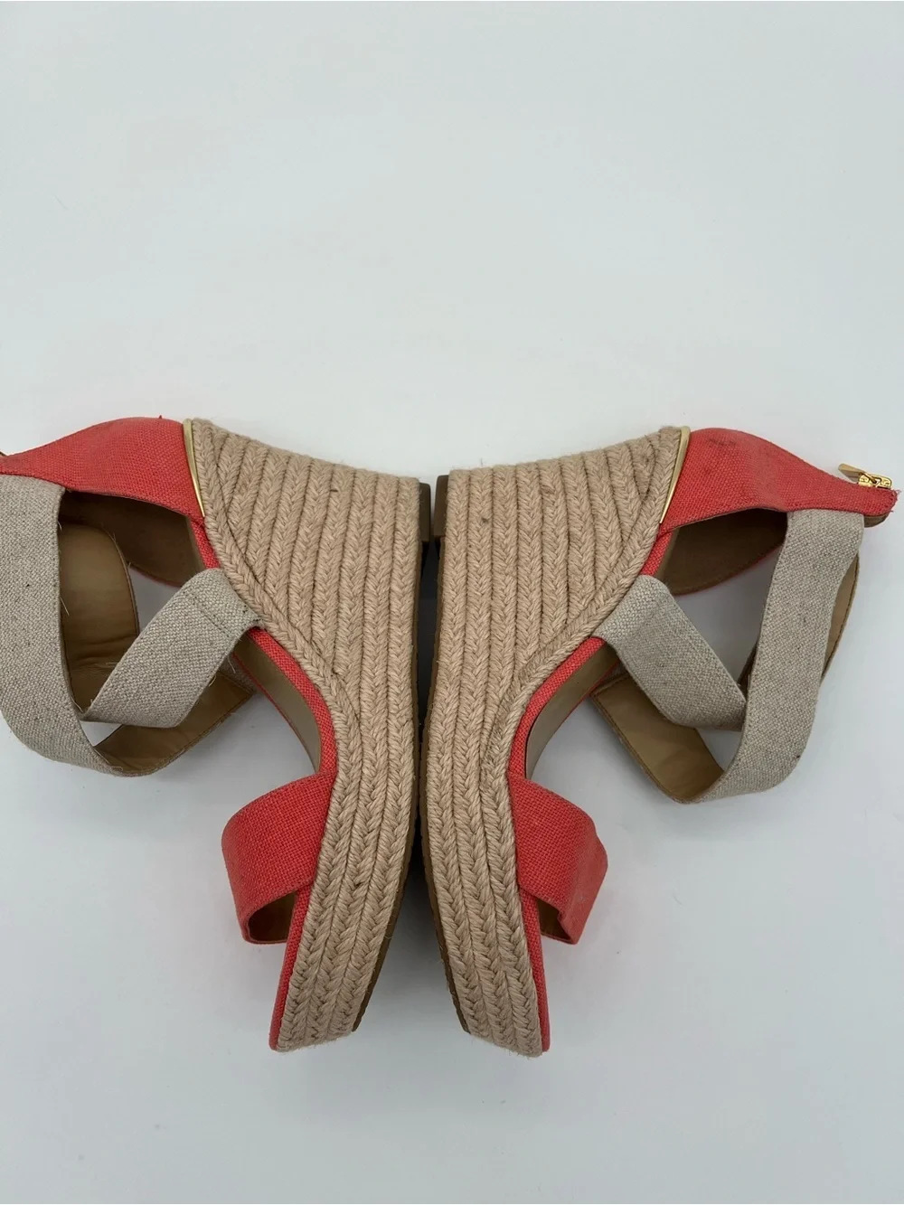 Michael Kors Coral and Natural Canvas Espadrille Wedge Sandals size 7.5